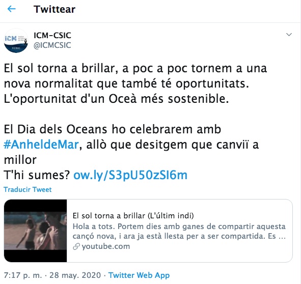 La campanya convida a compartir desitjos sobre l'oceà en les xarxes socials. A la imatge, un tuit de la campanya