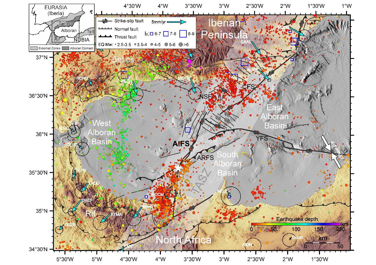 Configuració tectònica i sismicitat al Mar d'Alborán. L'estrella blanca mostra l'epicentre del sisme del 25 de gener de 2016, de magnitud (Mw) 6.4.