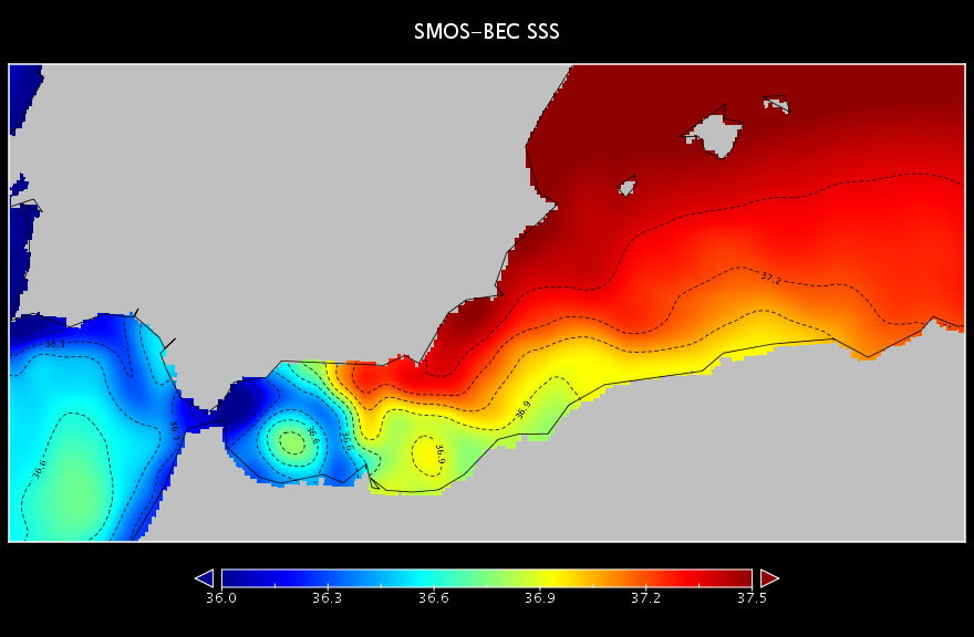 Mapa de salinidad del Mar de Alborán. 