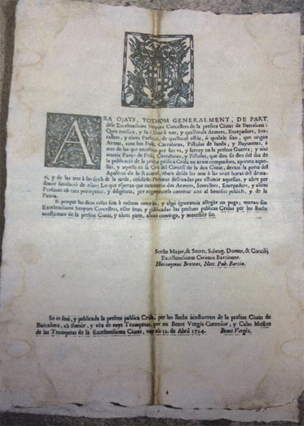 Ban de Benet Vergís, Barcelona, abril 1714, Imatge: Ajuntament