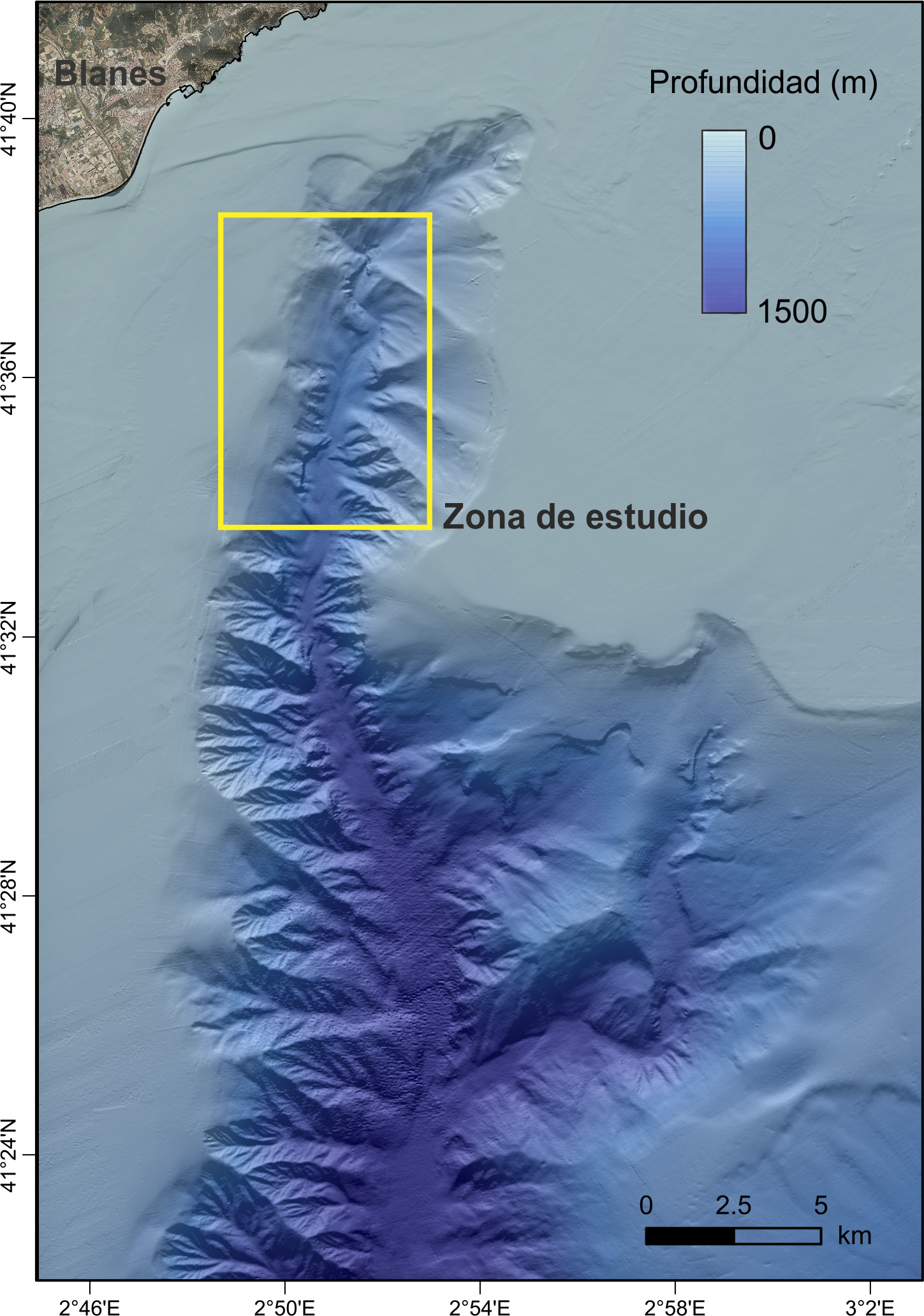 Batimetría del cañón de Blanes, con el área de estudio marcada (Ruth Duran).