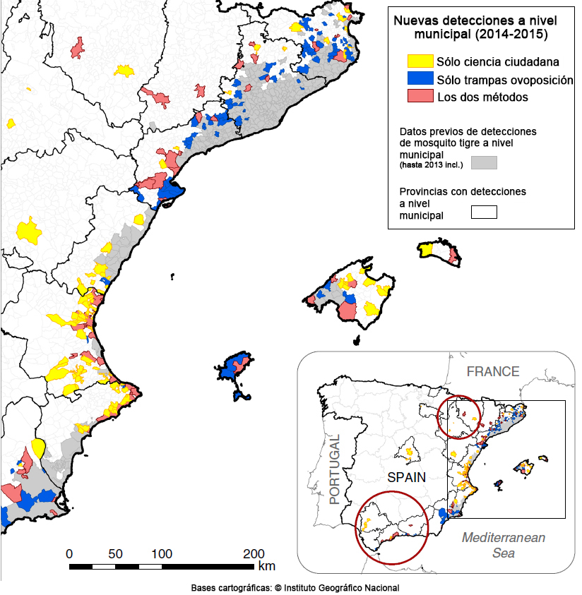 Mapa de les noves troballes de mosquit tigre que es van fer a Espanya el 2014 i el 2015, segons si van ser detectats per la ciutadania, per les trampes dels experts o bé per ambdós mètodes.