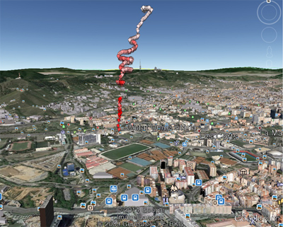Imagen que combina los datos de los sensores con la posición, sobre un mapa de Google maps. El color rojo en los puntos se corresponde con una mayor concentración de contaminantes. 