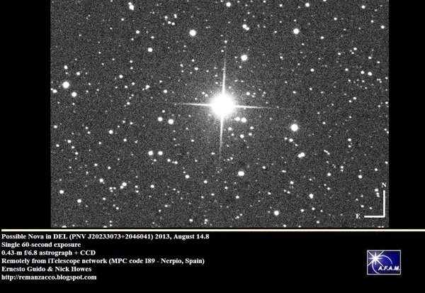 Imatge de la nova V339 Del (Nova Delphini 2013) en la qual s’hi ha detectat liti. La imatge correspon a una de les primeres observacions de la nova, realitzada per Ernesto Guido i Nick Howes. Imatge per cortesia de Starship Asterisk (http://asterisk.apod.com/viewtopic.php?f=29&t=31928)
