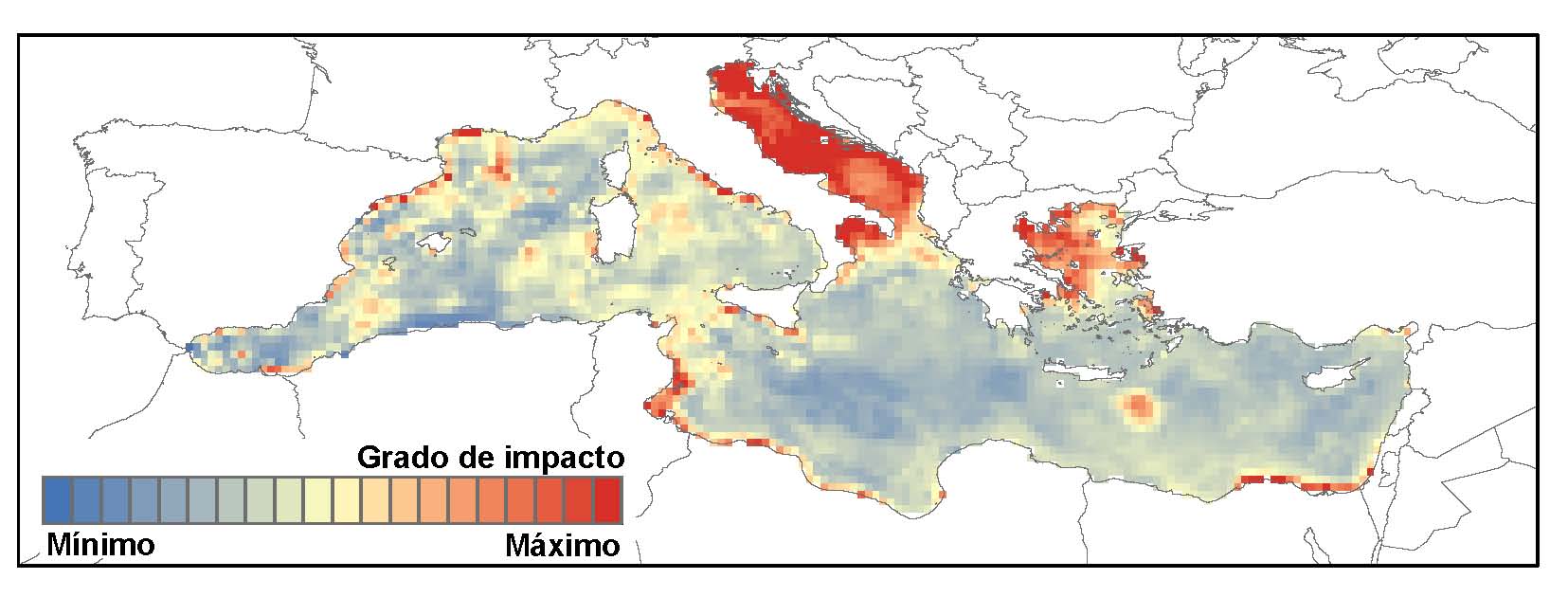 El mapa mostra les zones més vulnerables, resultat d’avaluar l’impacte conjunt de varis factors com l'increment en la temperatura del mar, la pressió pesquera sobre els recursos naturals o els canvis en les condicions fisicoquímiques.