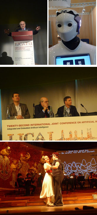 El conseller en su intervención en la inauguraci?n de la IJCAI-2011; uno de los robots presentes en el congreso; meas presidencial de la inauguración (de izquierda a derecha: Carles Sierra, Andreu Mas-Collell; i Craig Knoblock); i un momento de la ceremonia de obertura en el Palau de la Música.