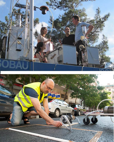 Experiments en el marc de Airuse: presa de mostres d'aire (a dalt) i prova de compostos aplicats a les carreteres (sota) per reduir la resuspensió de les partícules. Imatge: Airuse