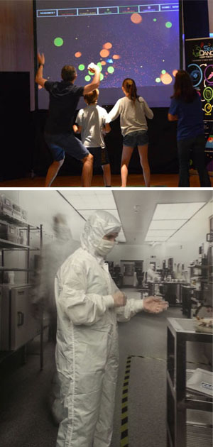 A dalt, SeaDance, instal·lació interactiva del ICM-CSIC. A sota, una activitat proposa aprendre a vestir-se per entrar a una Sala Blanca i fer-se una foto com aquesta (IMB-CNM).