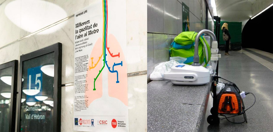 Poster informatiu del projecte a una estació del Metro de Barcelona (Esquerra) i equipament per a la presa de mostres d'aire (dreta). 