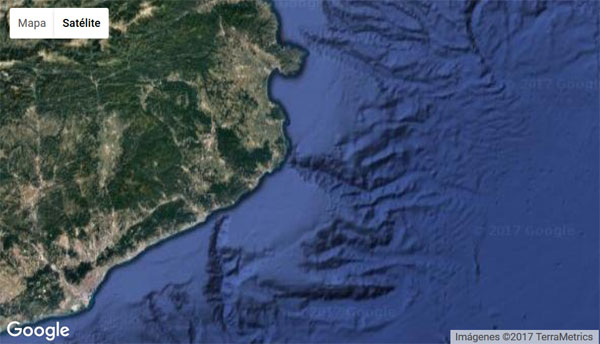 Mapa donde se puede apreciar el relieve de los cañones submarinos (Google maps/ Observadores del Mar).