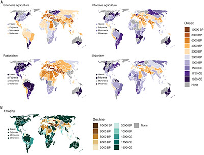 Mapes que mostren l’evolució dels diferents usos del sòl en tot el planeta al llarg de més de 10.000 anys. Imatge: ArchaeoGLOBE Project. Link a la imatge per ampliar.