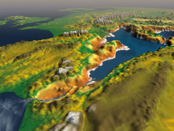 Representación artÌstica del aspecto que podrÌa haber tenido la cuenca del Mediterraneo durante la Crisis Salina del Mesiniense. (Autor: Roger Pibernat)