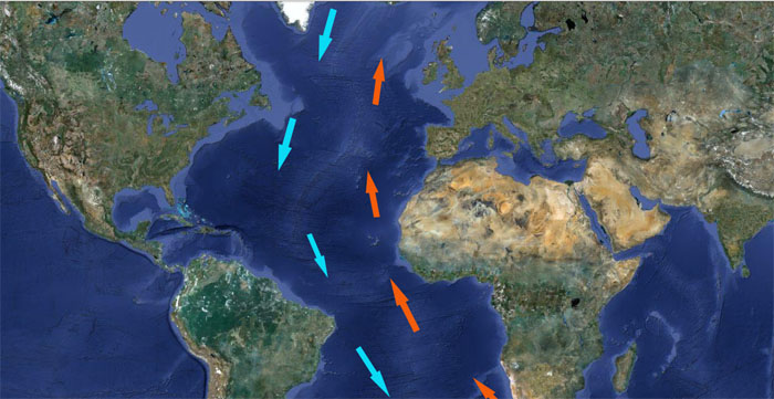 Esquema simplificat del corrent termohalí en l’Atlàntic, que transporta aigua càlida per la superfície de l'oceà des de zones tropicals fins al nord, i aigua freda pel fons des del nord fins al continent antàrtic i els oceans Pacífic i Índic. Mapa de Google Maps.