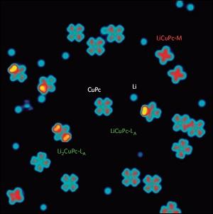 Imagen topográfica de microscopia de efecto túnel (STM) de moléculas de ftalocianina de cobre y átomos de litio co-depositados en una superficie de plata./ R. Robles
