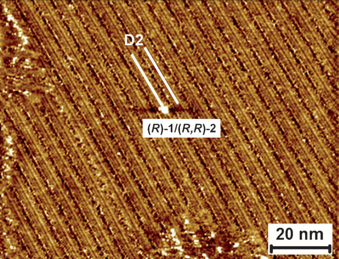Capa de grafit sobre la qual s'hi han dipositat els enantiomers. Imatge obtinguda per microscopia d'efecte túnel (STM).