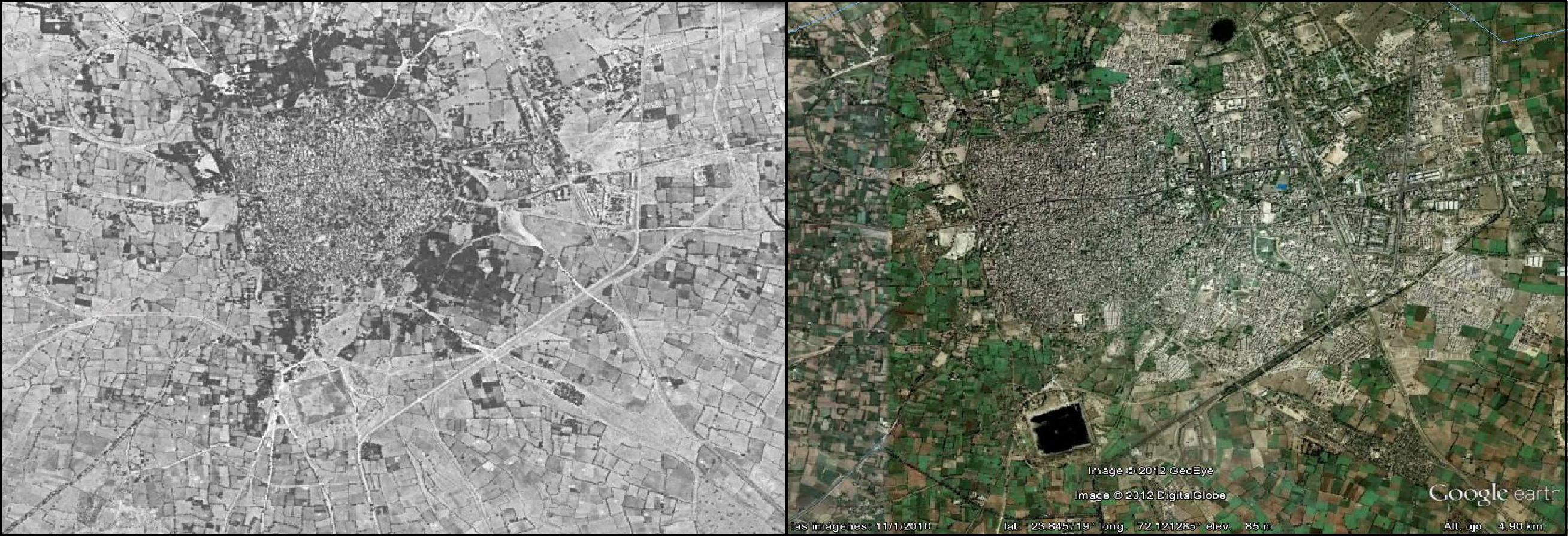 Àrea de la ciutat de Patan (Índia). A l’esquerra, imatge CORONA KH-4B, del 1972. A la dreta, imatge de Google Earth, del 2012. Es pot apreciar com el cas urbà s’ha ampliat i moltes àrees que abans eren camps (a la part dreta inferior de la ciutat) ara són edificis. Les imatges de satèl·lit permeten estudiar tota l’àrea amb gran detall.